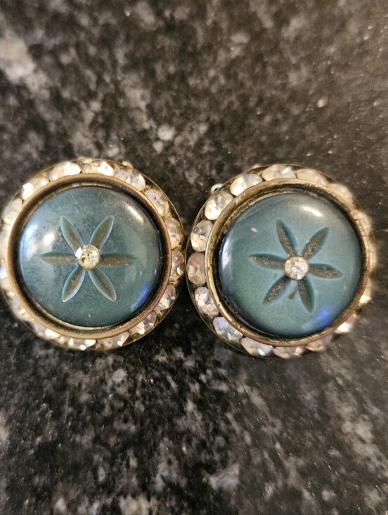 Jewelry - Vintage 1950s 1960s Mid Century Clip On Earrings Blue Carved Flower Rhinestone B